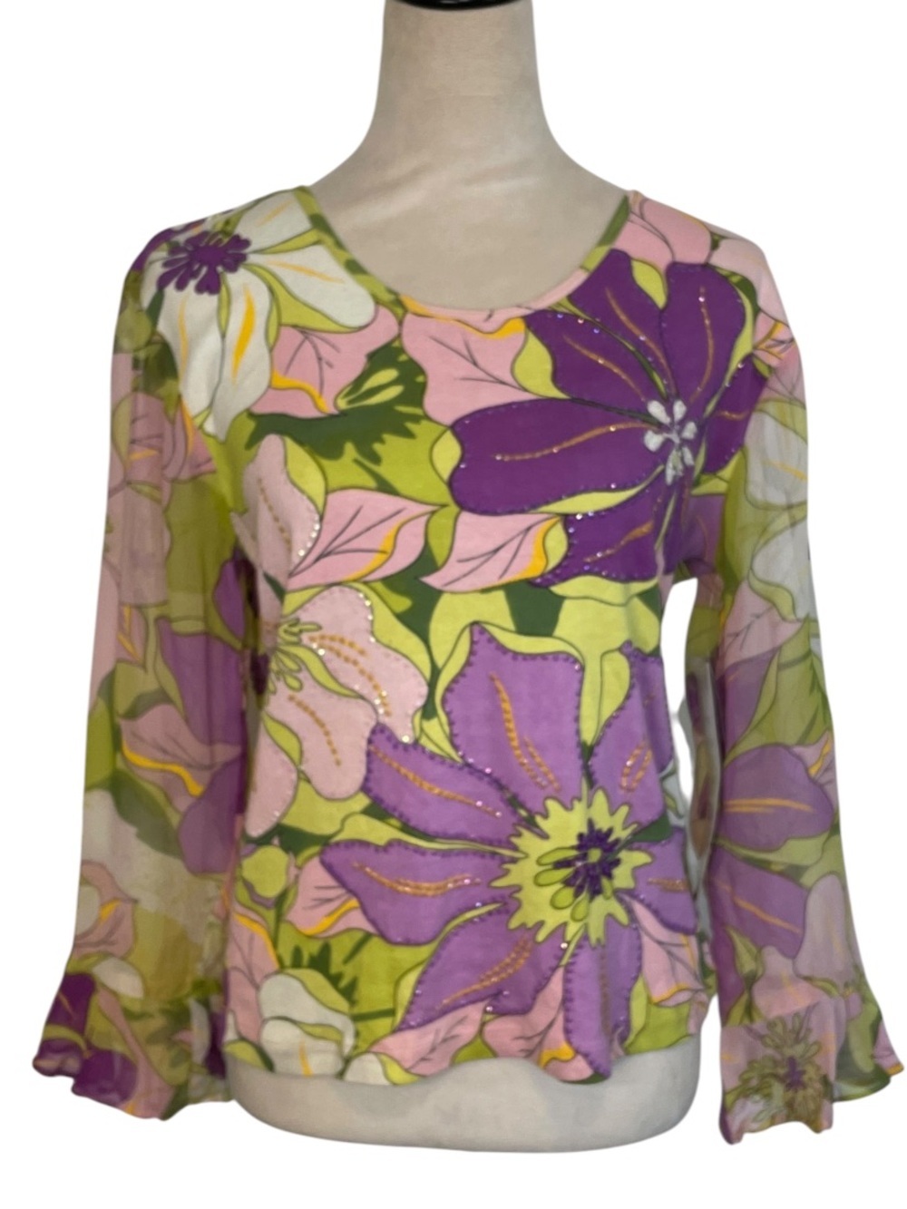 Temptation y2k Floral Sequin Bell-Sleeve Top-nwt-M